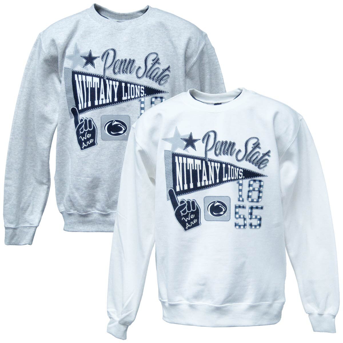 white and heather gray crew neck sweatshirts with patchwork style Penn State graphics